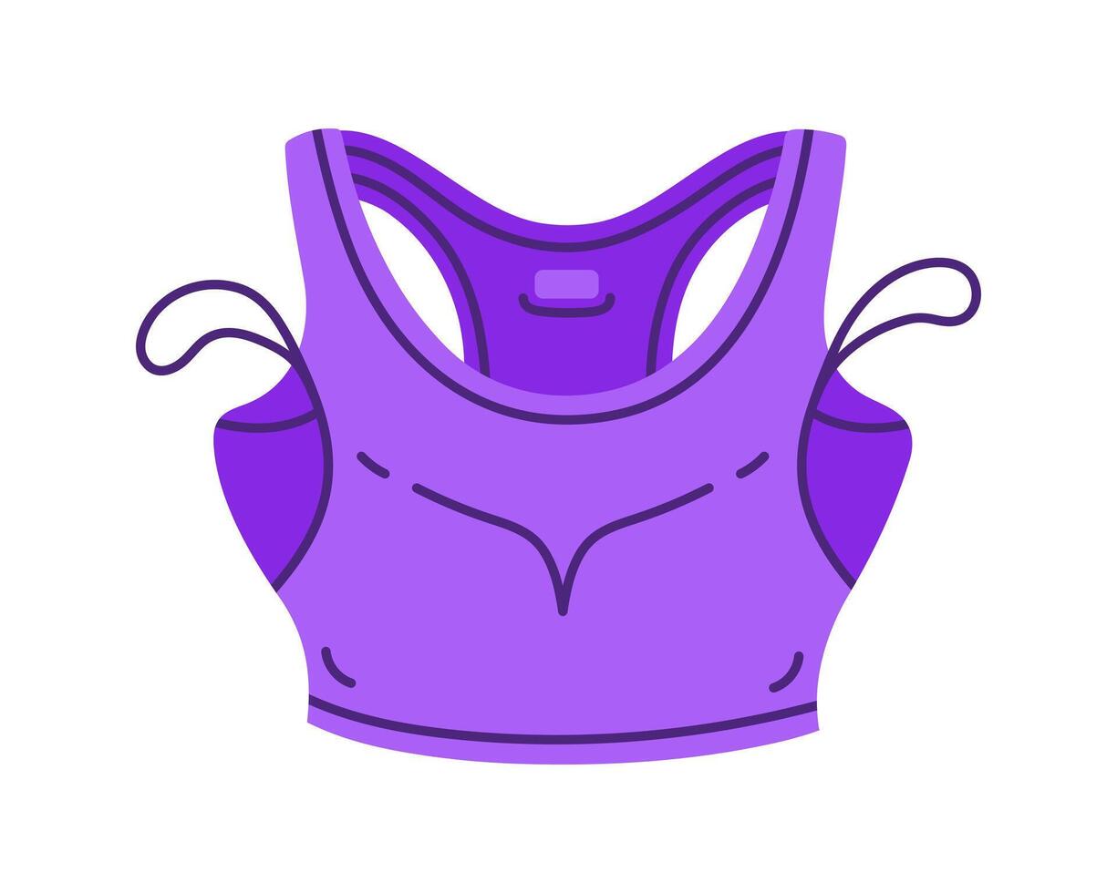 Crop tank top illustration. Purple bra for sports, fitness, running, yoga. Comfortable gym clothes, front view. For women, girls. Garment with straps. Hand drawn simple doodle isolated on white vector