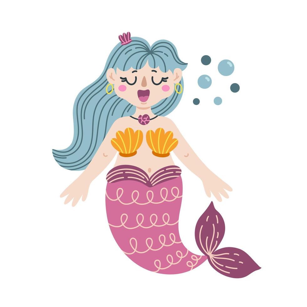 pequeño sirena ilustración. linda nadando niña con un pescado cola, un traje de baño hecho de mar conchas un gracioso Oceano hada canta un canción. mano dibujado garabatear, sirena con burbujas dibujos animados clipart vector