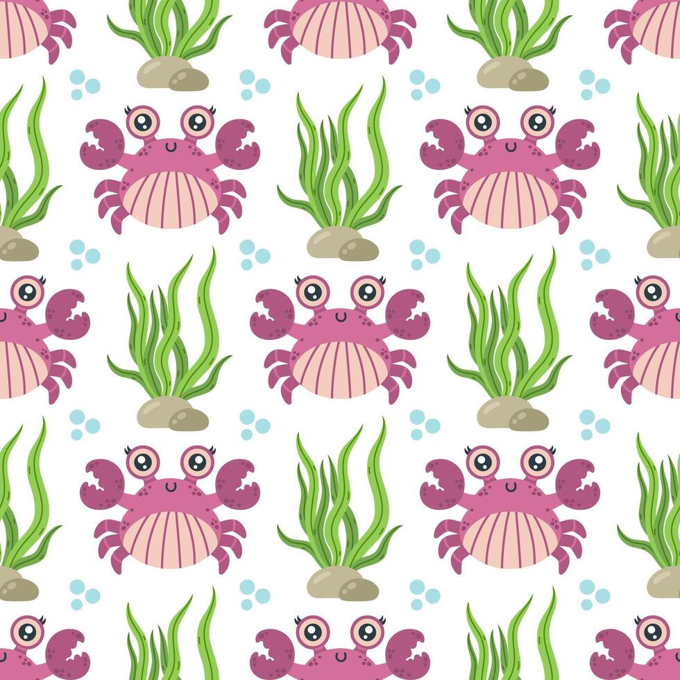 Cute sea crab seamless pattern. Funny aquatic animal in a shell, with claws. Friendly ocean creature swims among seaweed, bubbles. Hand drawn ocean pet. Marine life background for babies, kids vector