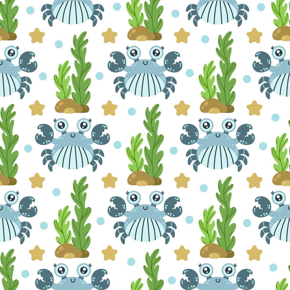 Funny crab seamless pattern. Cute sea animal in a shell, with claws. Friendly ocean creature swims among algae, starfish, bubbles. Hand drawn aquatic pet. Marine life background for kids vector