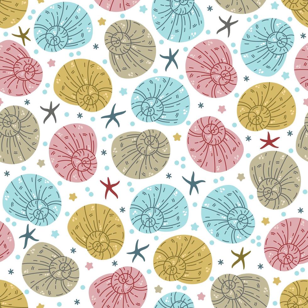 Spiral seashells seamless pattern. Colorful nautilus shells, starfish on the seabed. Swirl underwater animals, ocean creatures. Hand drawn doodle, sea ornament. Marine cartoon background vector