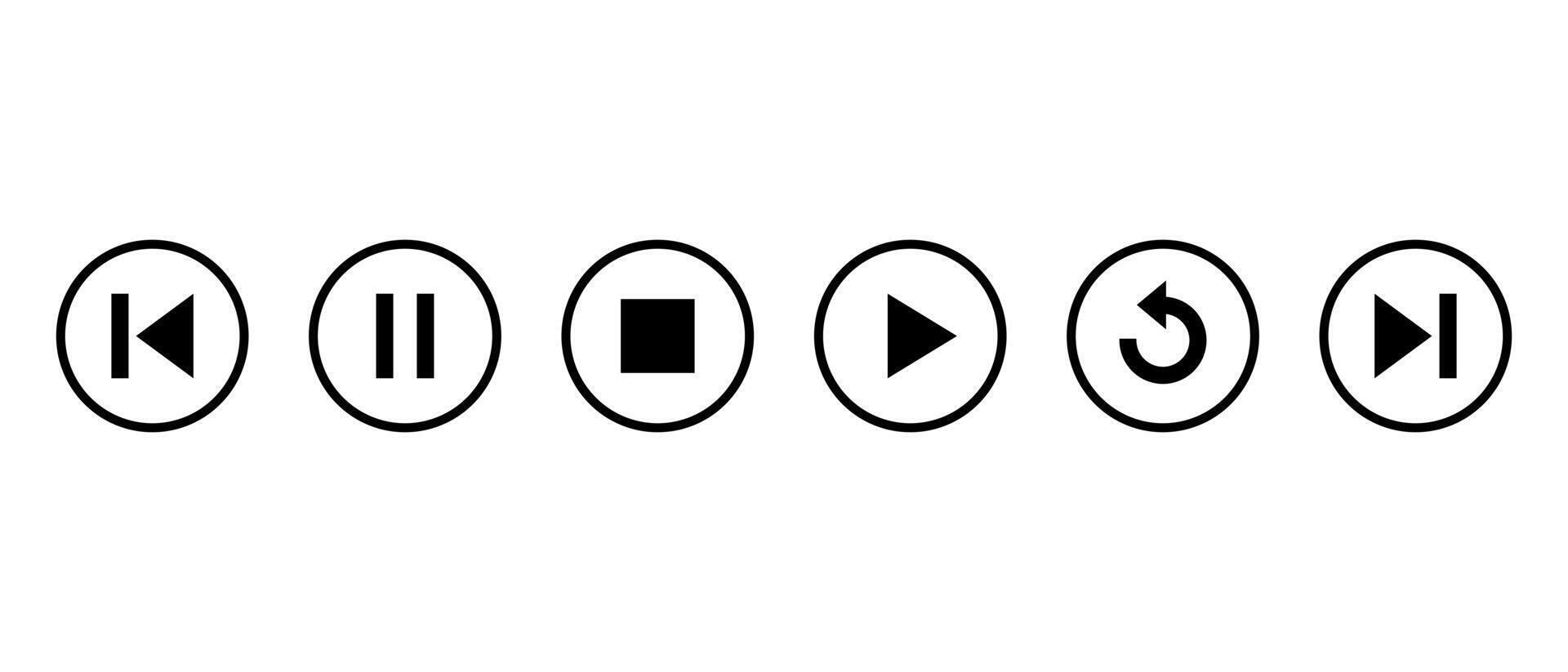 Pause, stop, play, replay, previous, and next track icon on circle line vector