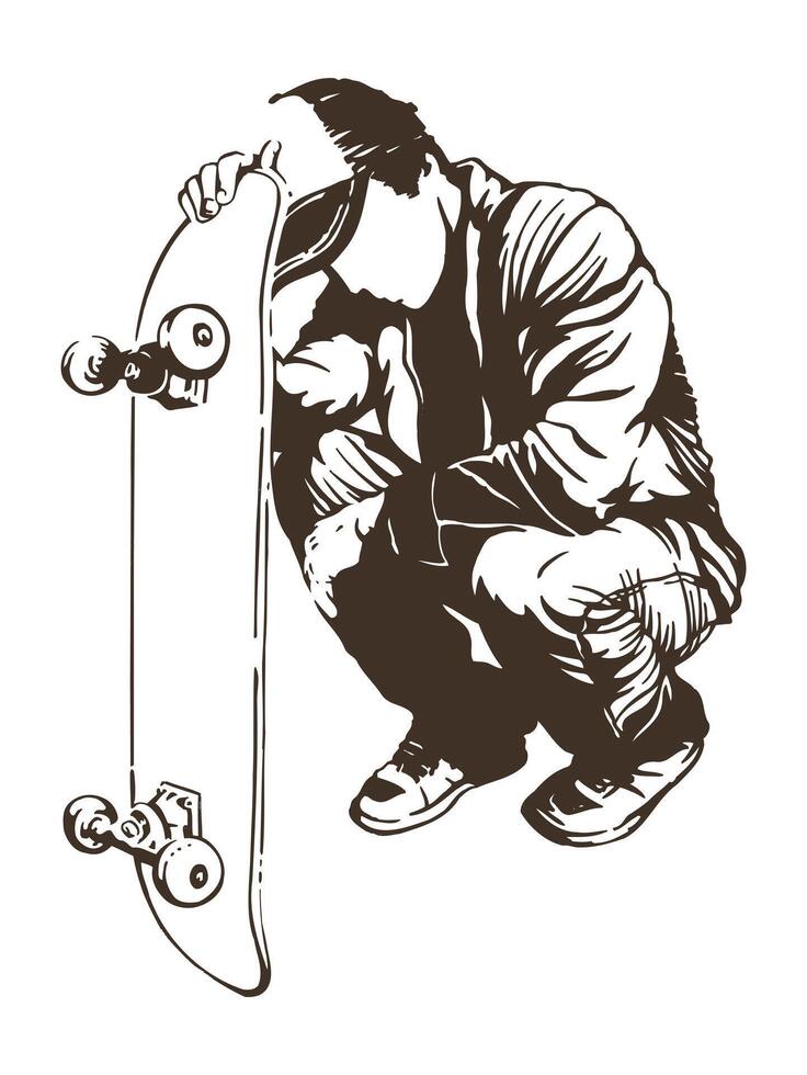 Monochrome illustration of skateboarder. vector