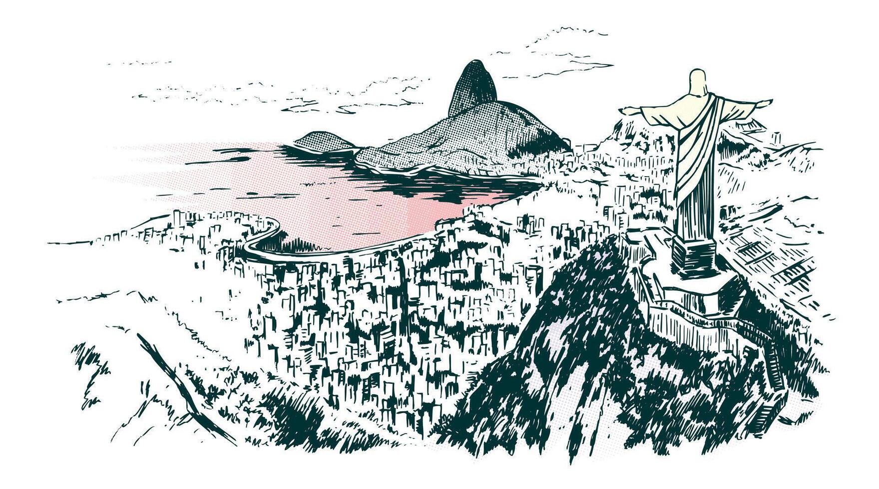 Iillustration of aerial view of Guanabara Bay, Rio de Janeiro, Brazil. Art in stripped lines, handmade, representing current times. vector