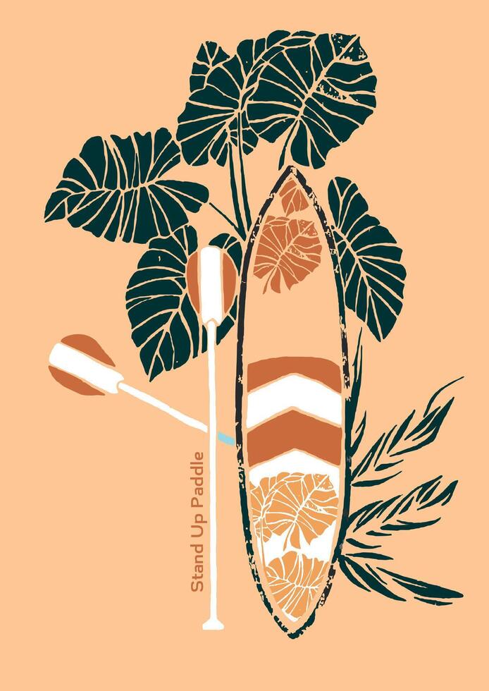 Drawing with a composition of a stand up paddle board and tropical plants. vector