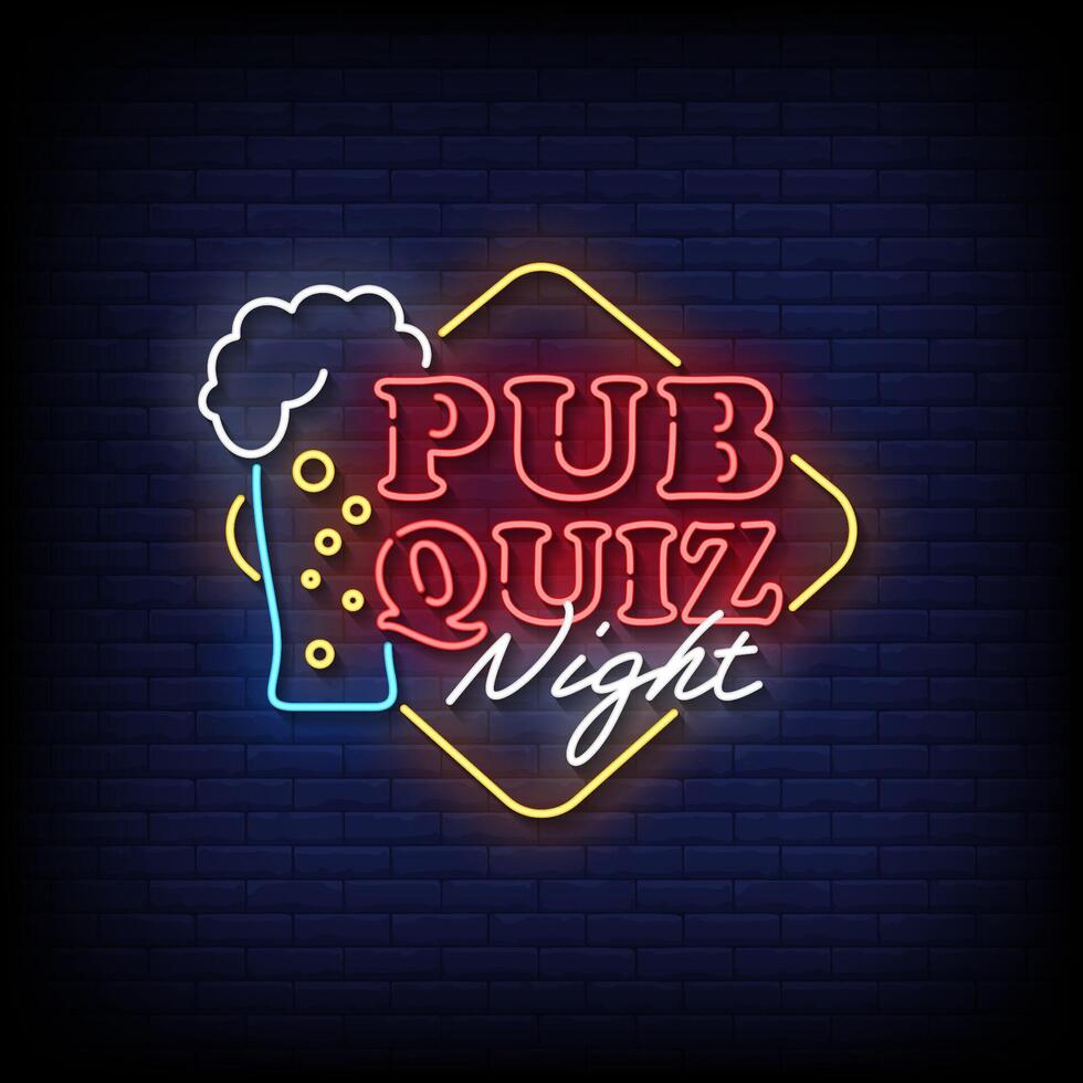 pub quiz night neon Sign on brick wall background vector