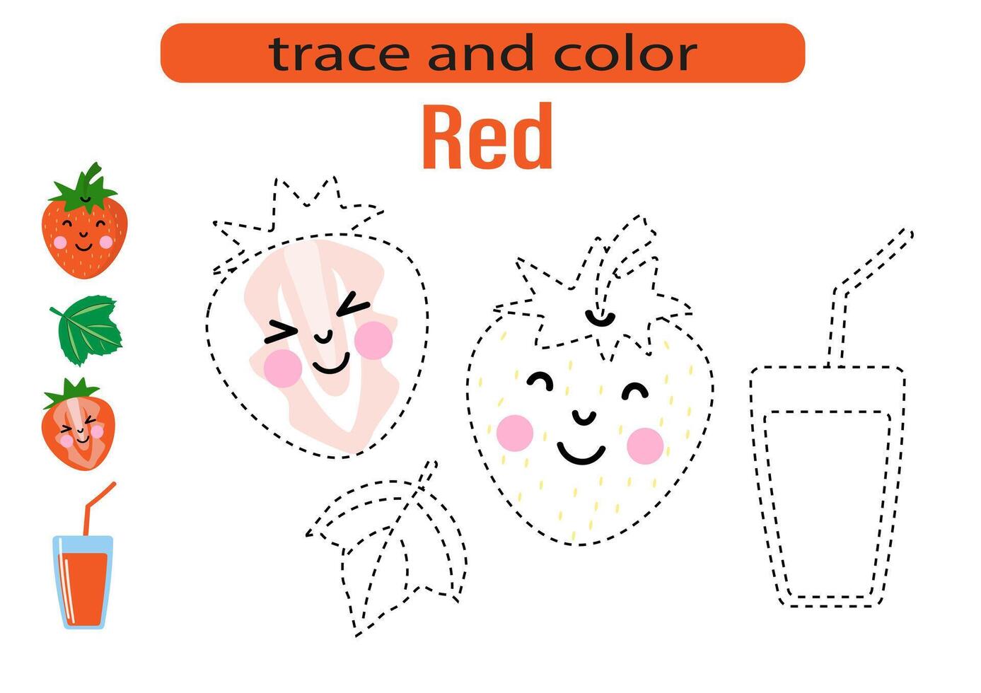 Handwriting practice for kids. Draw lines for kids. Tracing and coloring, fruits and berries. EPS10 vector