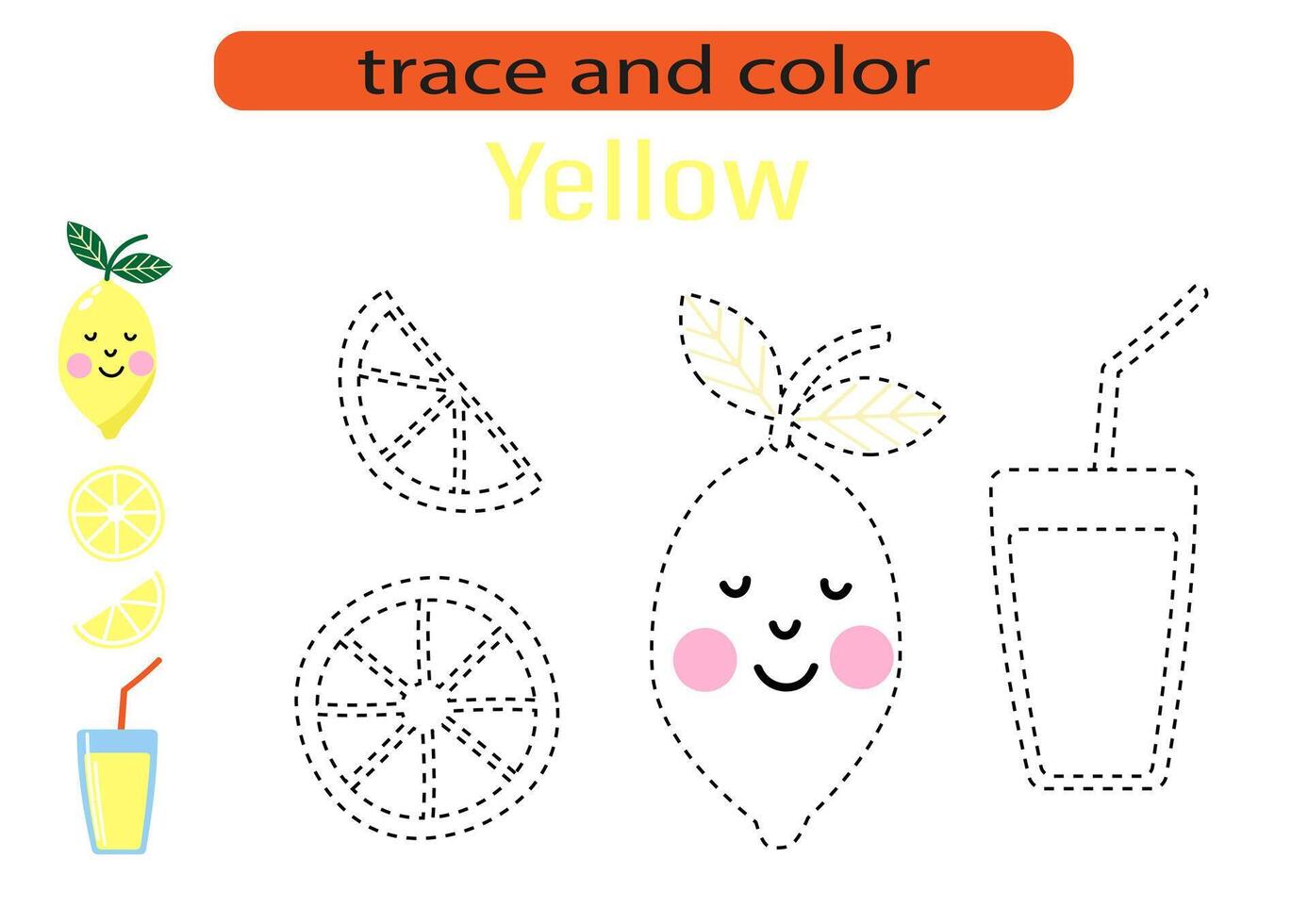 Handwriting practice for kids. Draw lines for kids. Tracing and coloring, fruits and berries. EPS10 vector