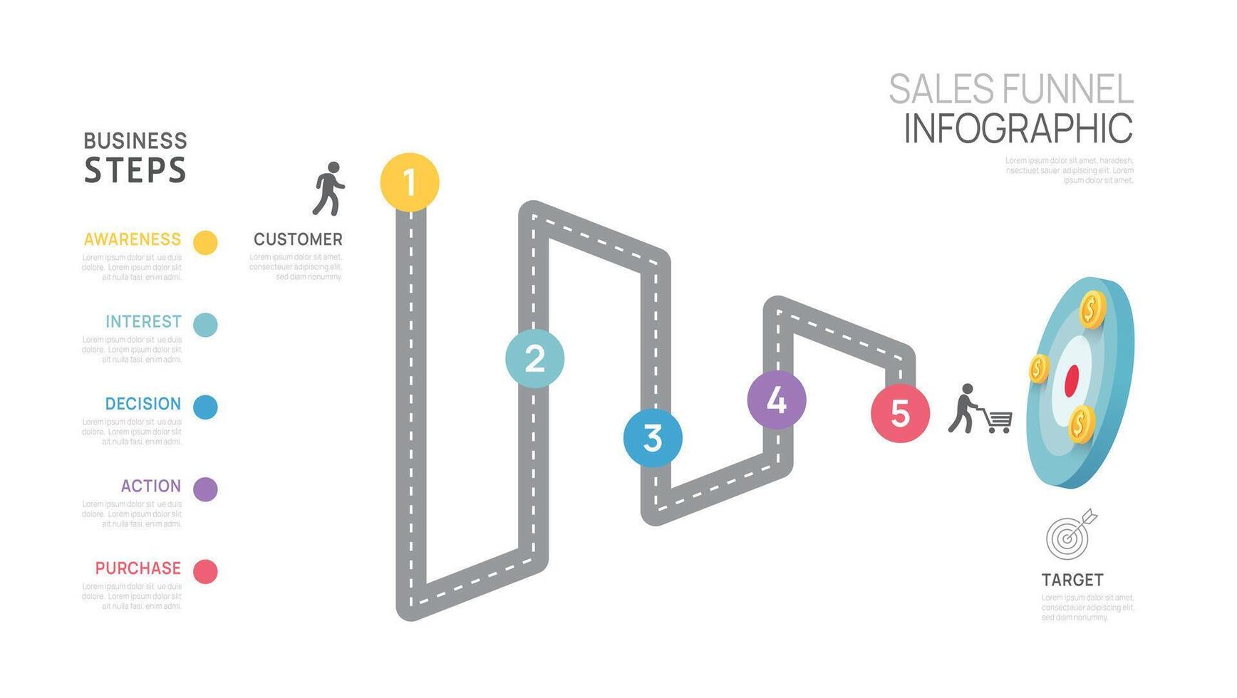 Infographic Sales funnel diagram template for business. Modern Timeline 5 step level, digital marketing data, presentation vector