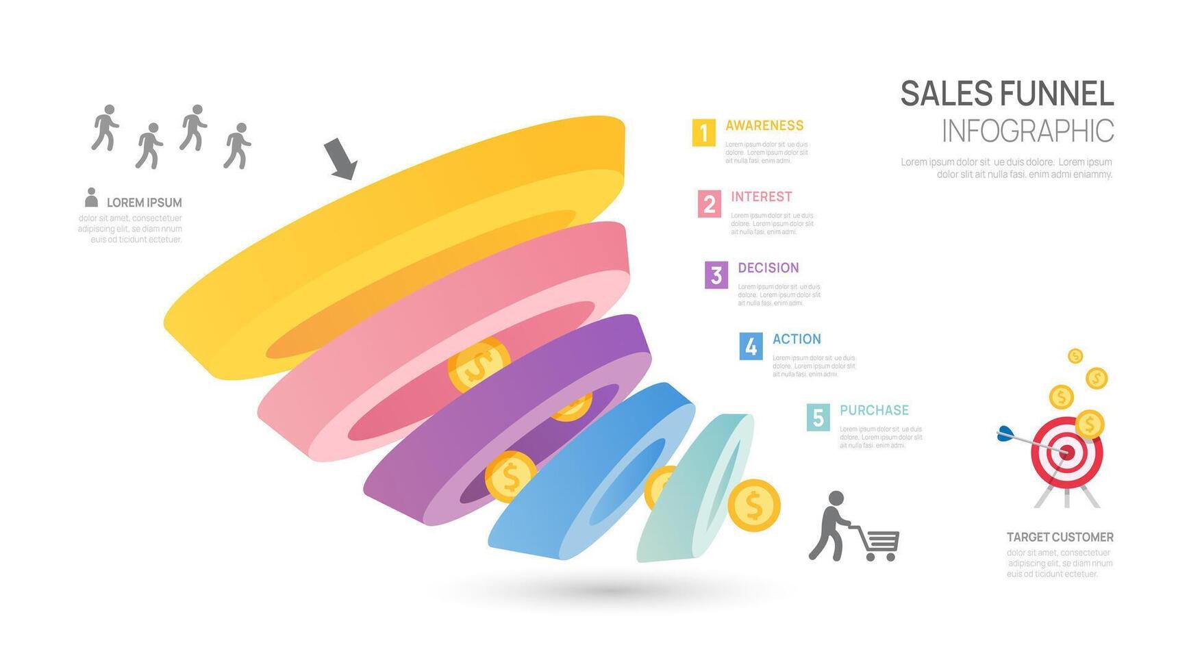 Infographic Sales funnel diagram template for business. Modern Timeline 5 step level, digital marketing data, presentation vector