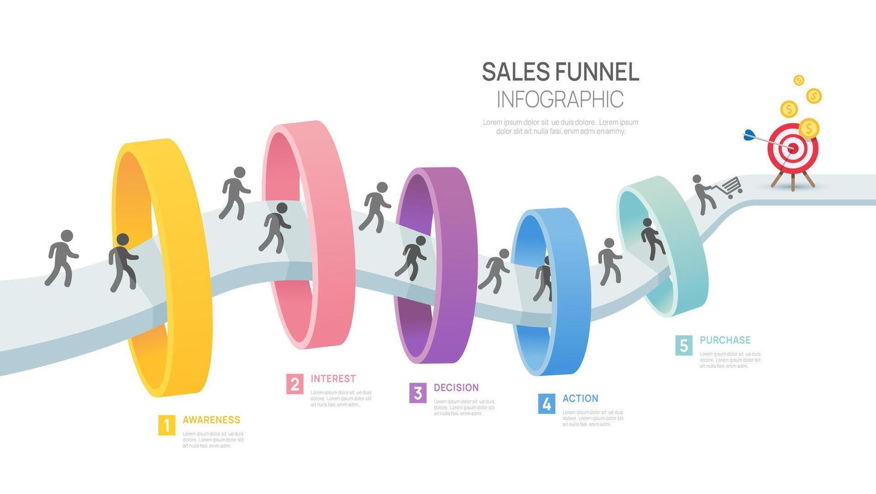 infografía ventas embudo diagrama modelo para negocio. moderno cronograma 5 5 paso nivel, digital márketing datos, presentación infografía. vector
