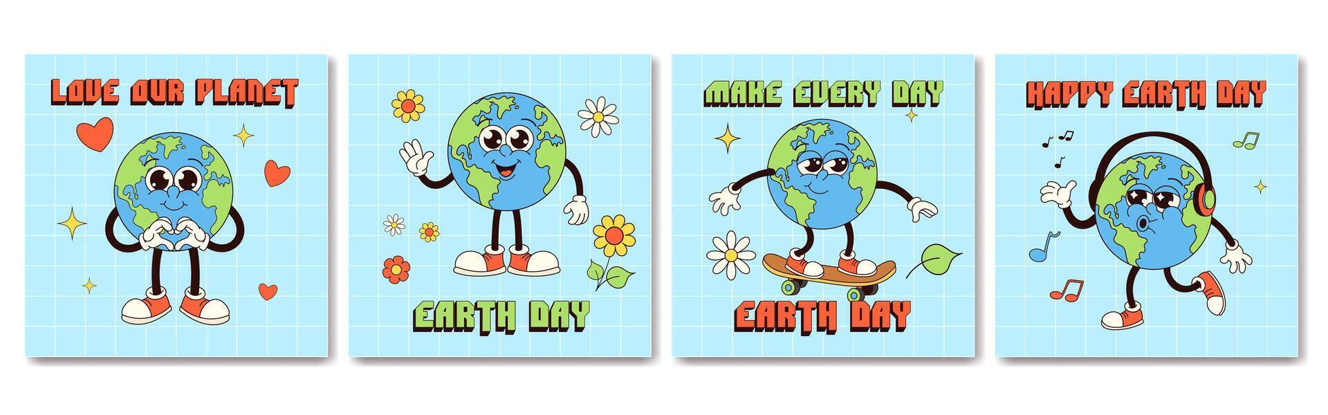 Earth day cards set. Earth groovy characters in trendy retro style vector