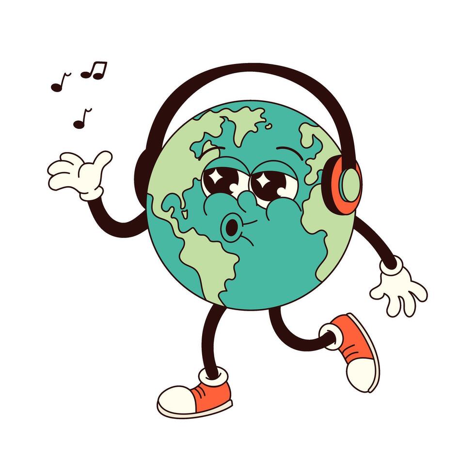 Earth music character in trendy retro groovy style. Earth Day. Illustration for card, poster, banner, web vector