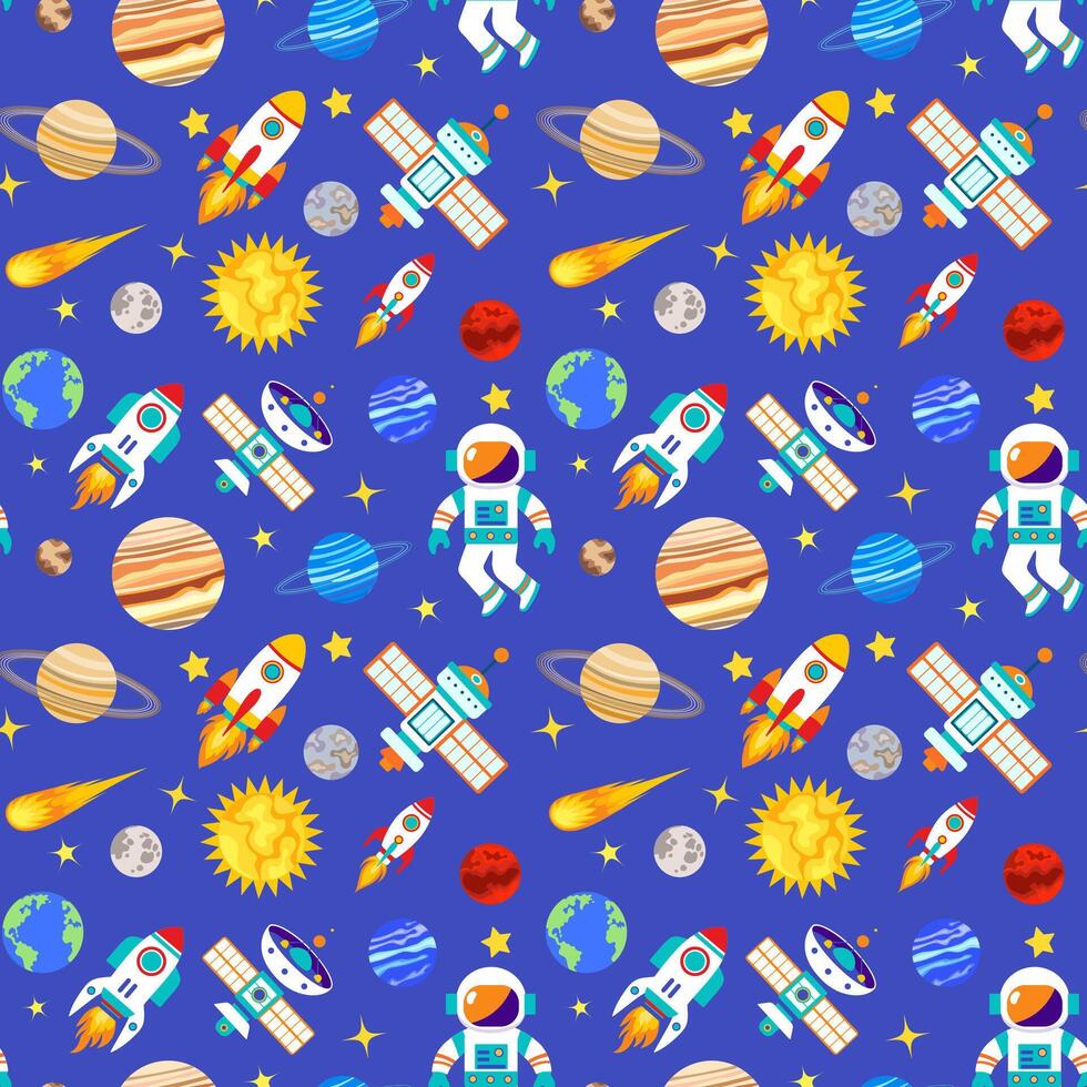 seamless pattern with cartoon astronaut, planet, satellite, Earth, moon, sun vector