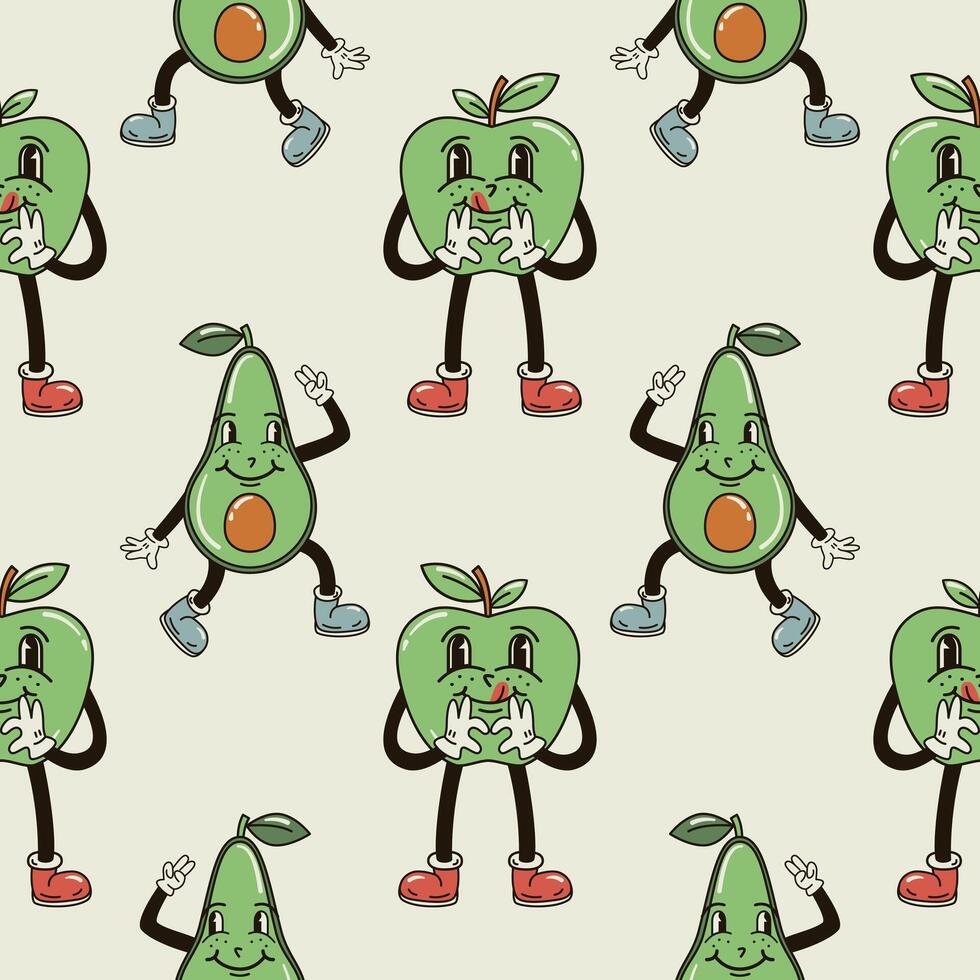 A seamless pattern with funny, cute and smiling apple and avocado character in a groovy style vector