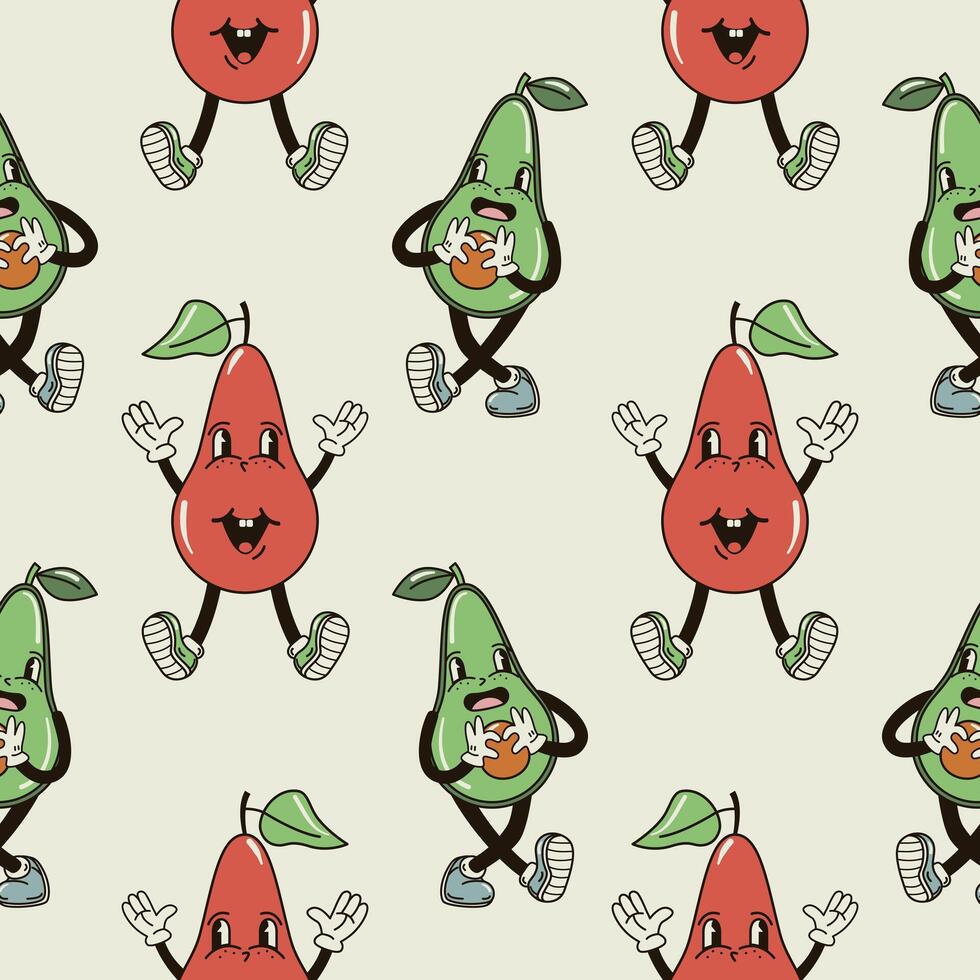 A seamless pattern with funny, cute and smiling pear and avocado character in a groovy style vector