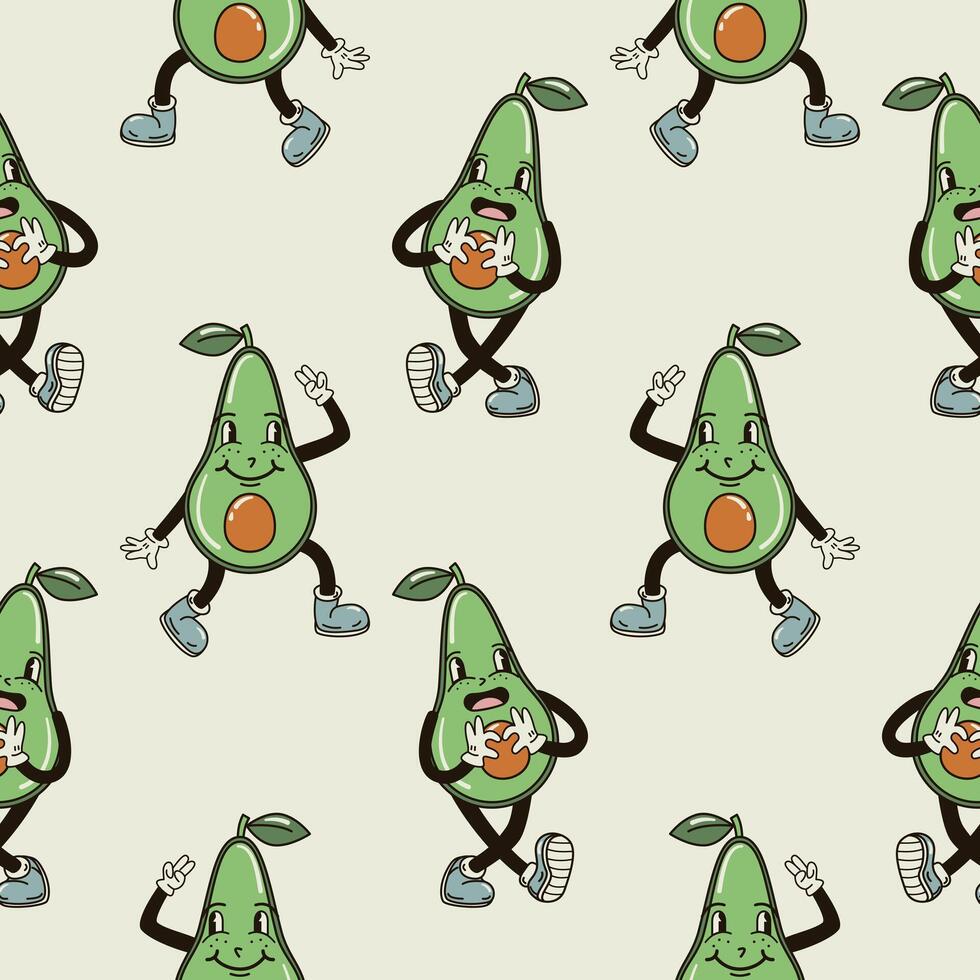 A seamless pattern with funny, cute and smiling avocado character in a groovy style vector