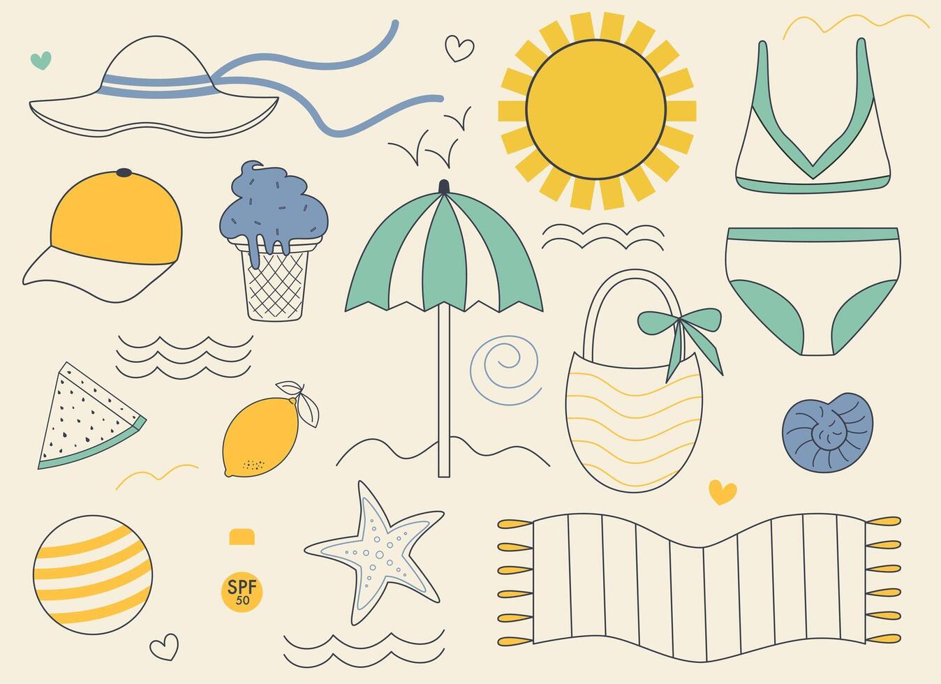 Set of summer and beach items on white background with stroke and color vector