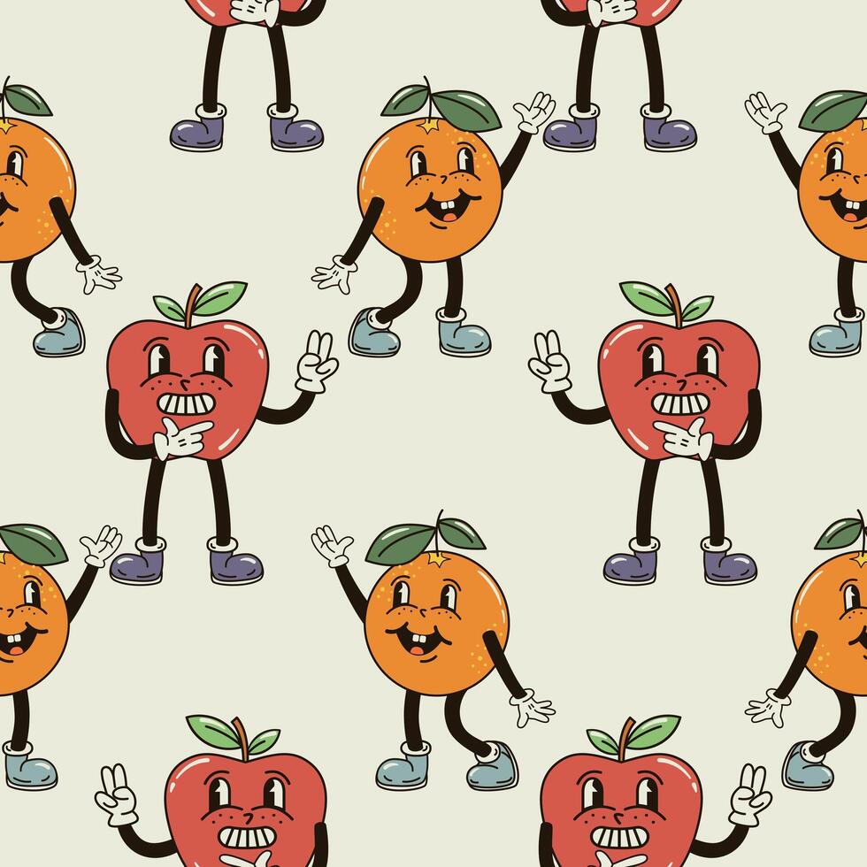 A seamless pattern with funny, cute and smiling apple and orange character in a groovy style vector