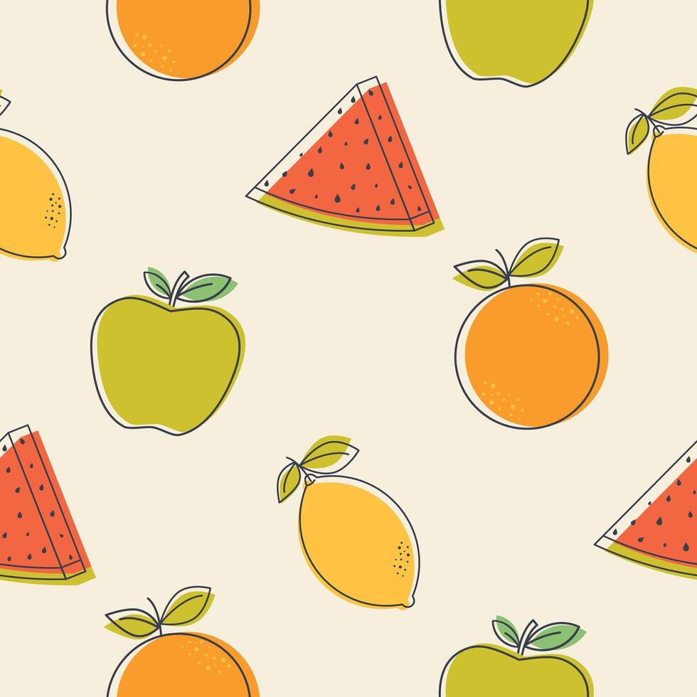 Summer bright seamless pattern with a piece of watermelon, orange, apple and lemon vector