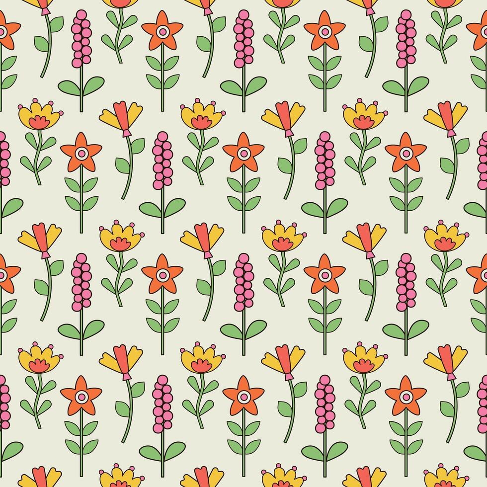 Bright seamless pattern of groovy hippie flowers in retro style vector