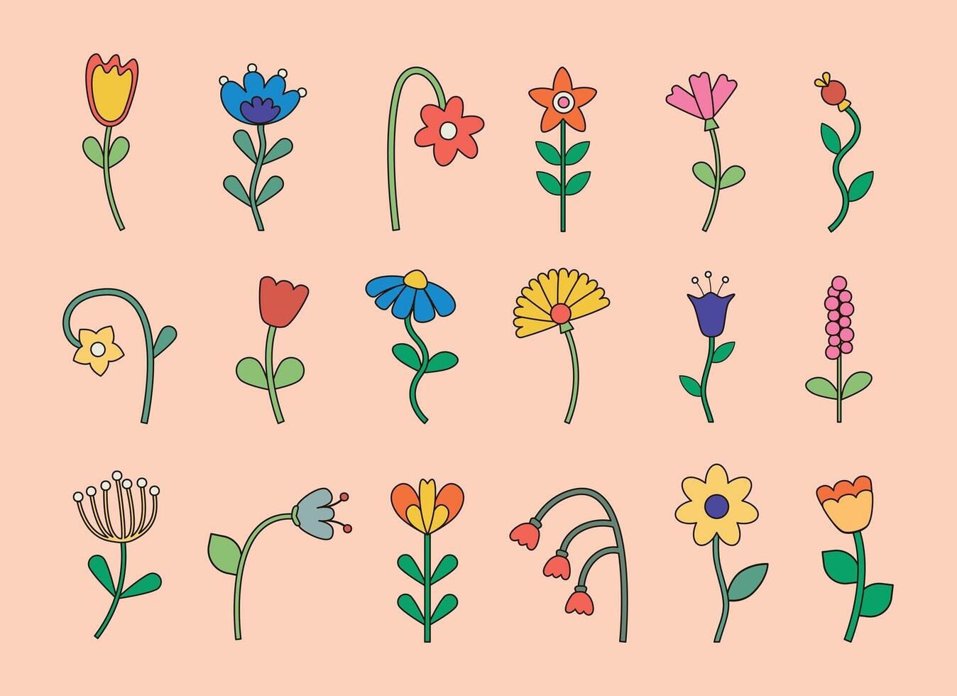 Set of groovy hippie flowers in retro style. Vintage hand drawn funky flowers vector