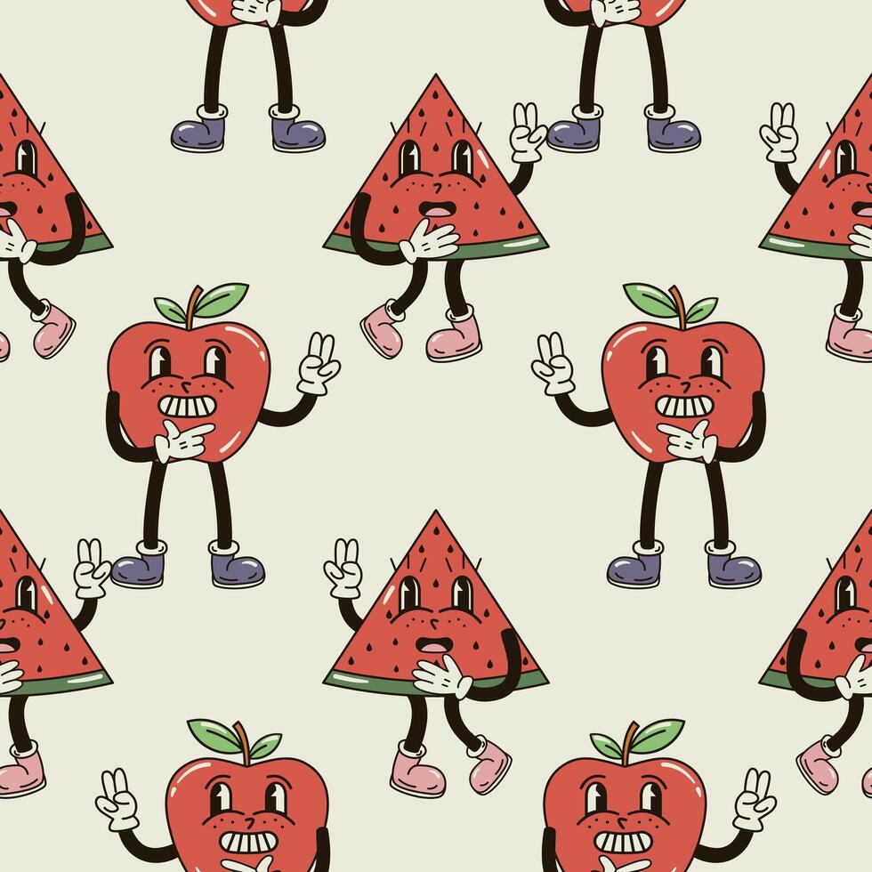 A seamless pattern with funny, cute and smiling apple and watermelon character in a groovy style vector