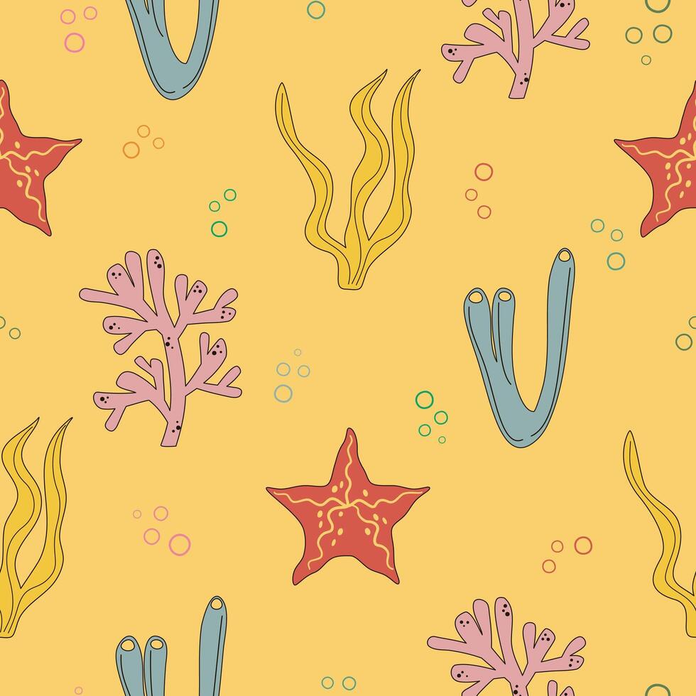 Summer bright seamless pattern with algae, corals, marine plants on the yellow background vector