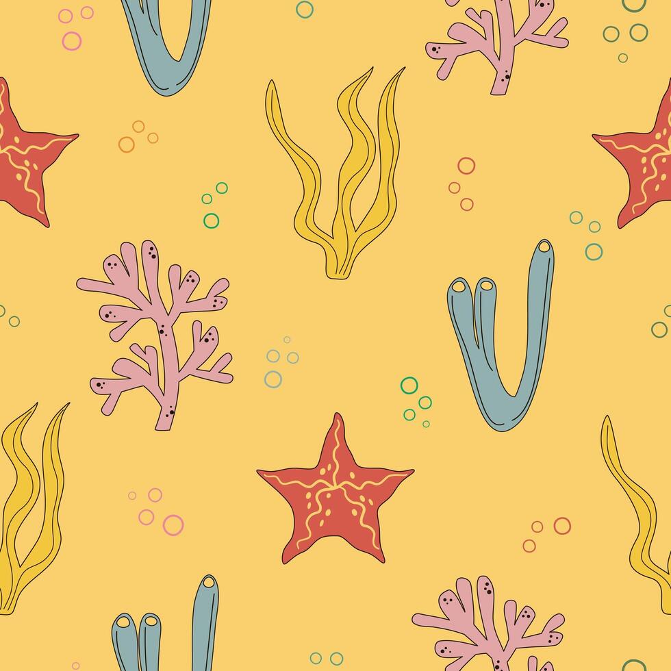 Summer bright seamless pattern with algae, corals, marine plants on the yellow background vector