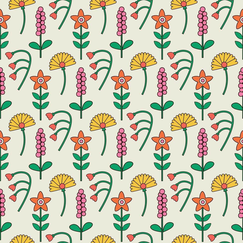 Bright seamless pattern of groovy hippie flowers in retro style vector