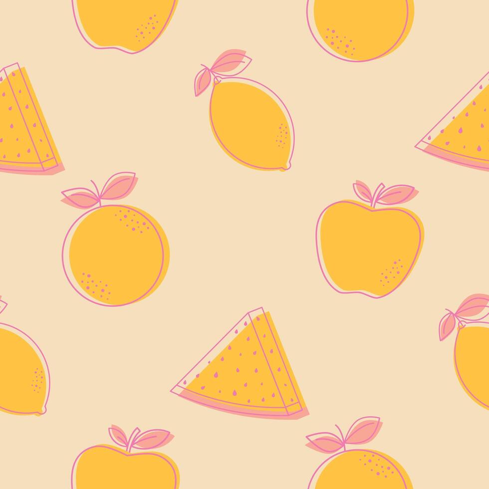 Summer yellow and pink seamless pattern with a piece of watermelon, orange, apple and lemon vector