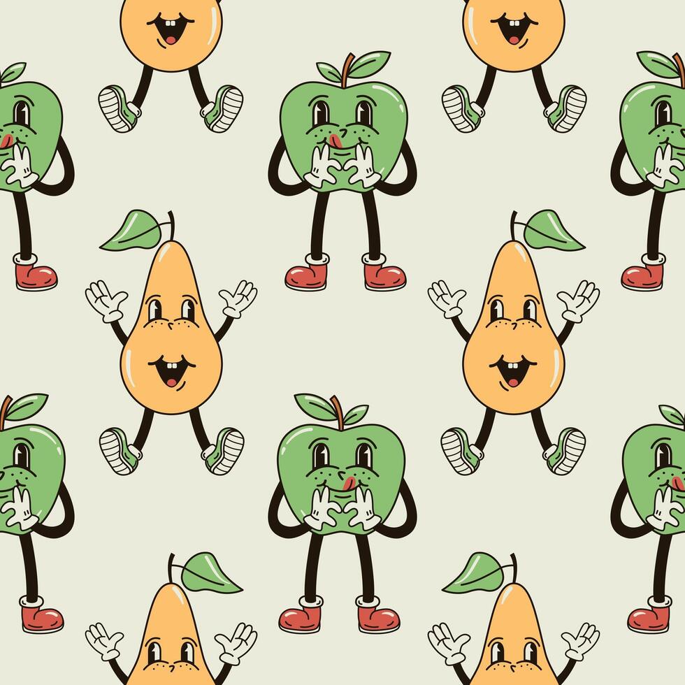 A seamless pattern with funny, cute and smiling apple and pear character in a groovy style vector