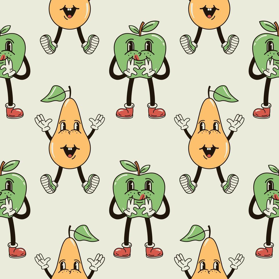 A seamless pattern with funny, cute and smiling apple and pear character in a groovy style vector