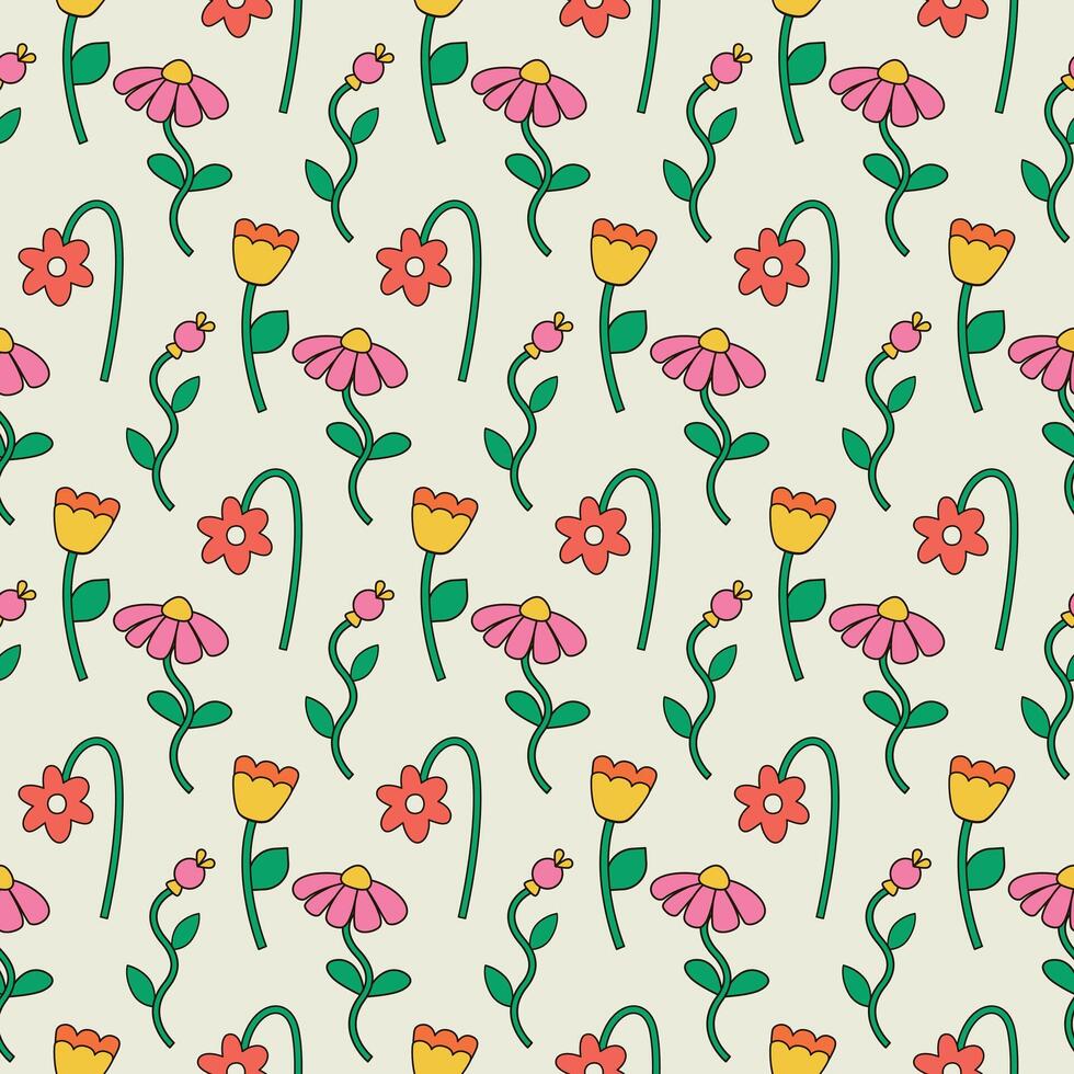 Bright seamless pattern of groovy hippie flowers in retro style vector