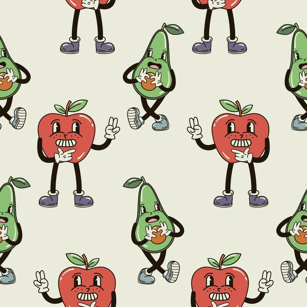 A seamless pattern with funny, cute and smiling apple and avocado character in a groovy style vector