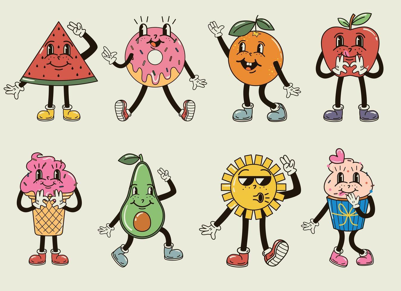 A cute set with groovy characters expressing funny emotions vector