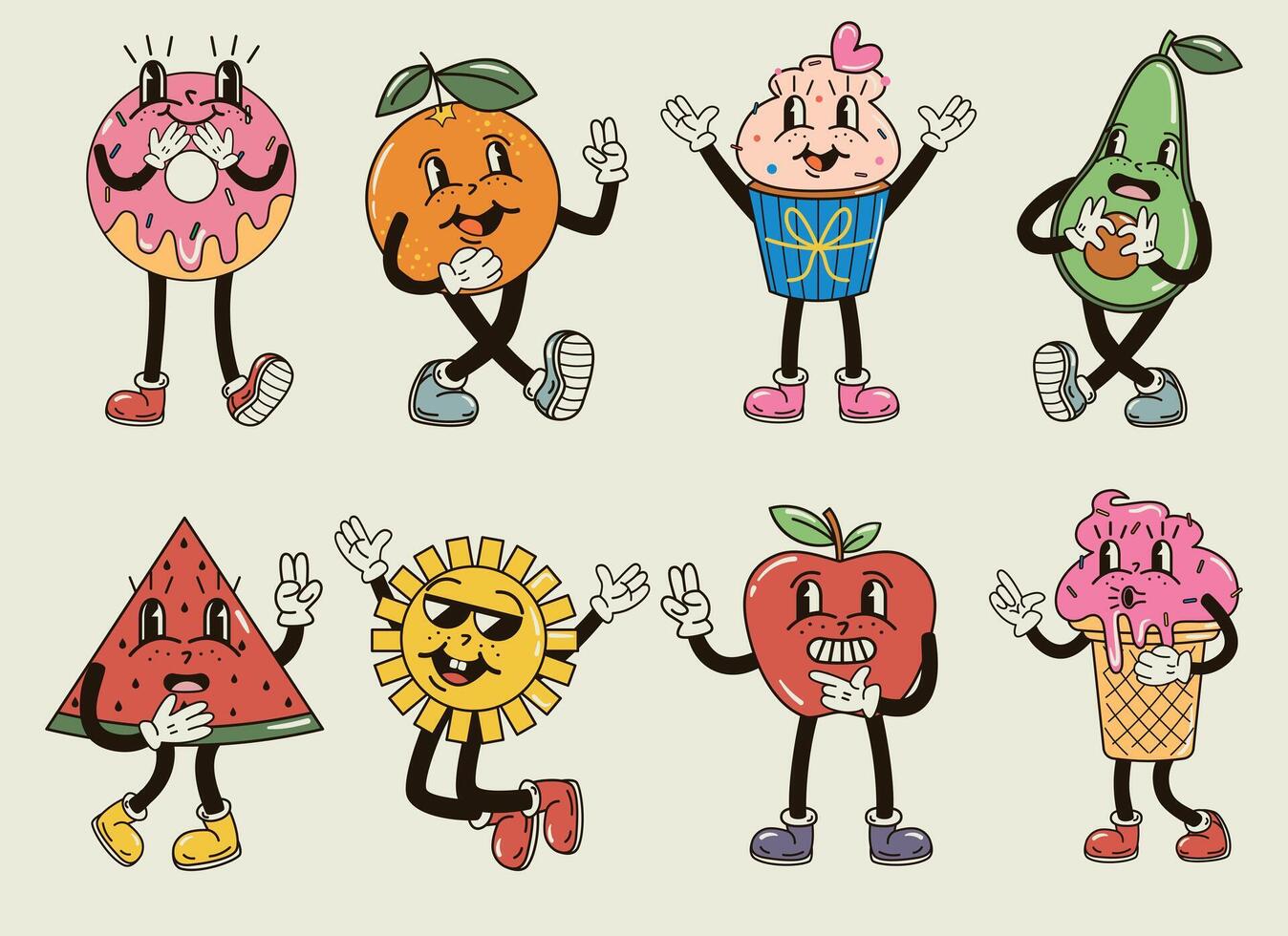 A cute set with groovy characters expressing funny emotions vector