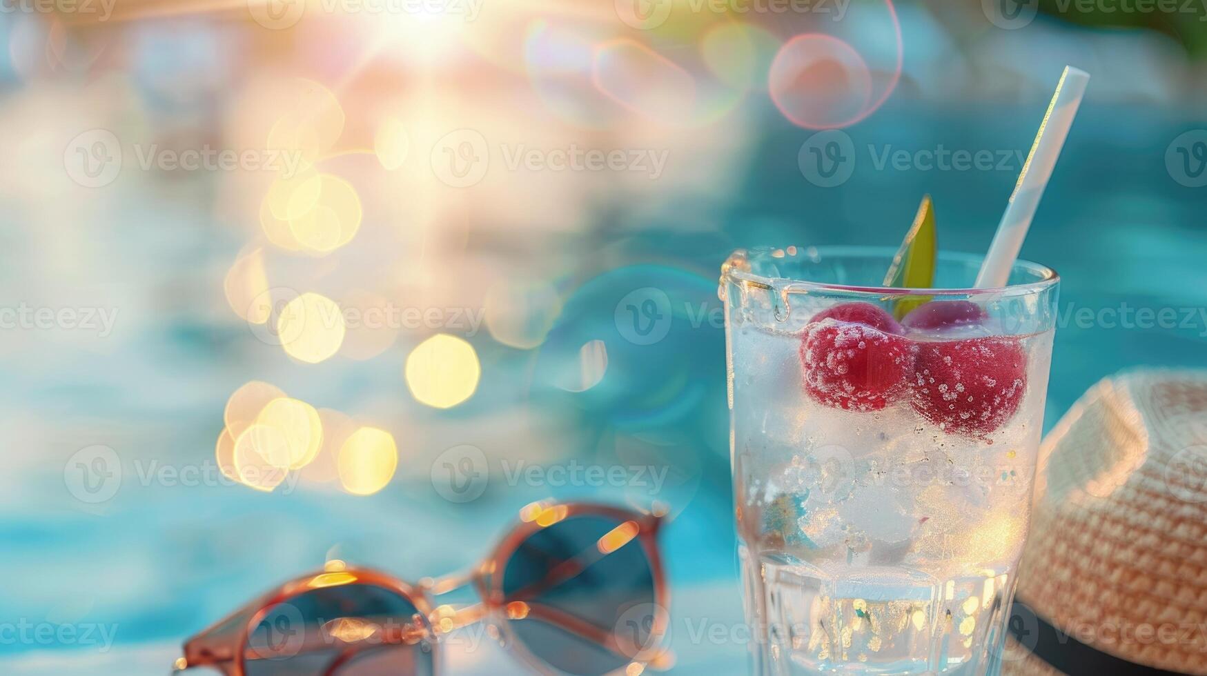 Summer cocktails with lychee soda sunglasses and straw hat. photo
