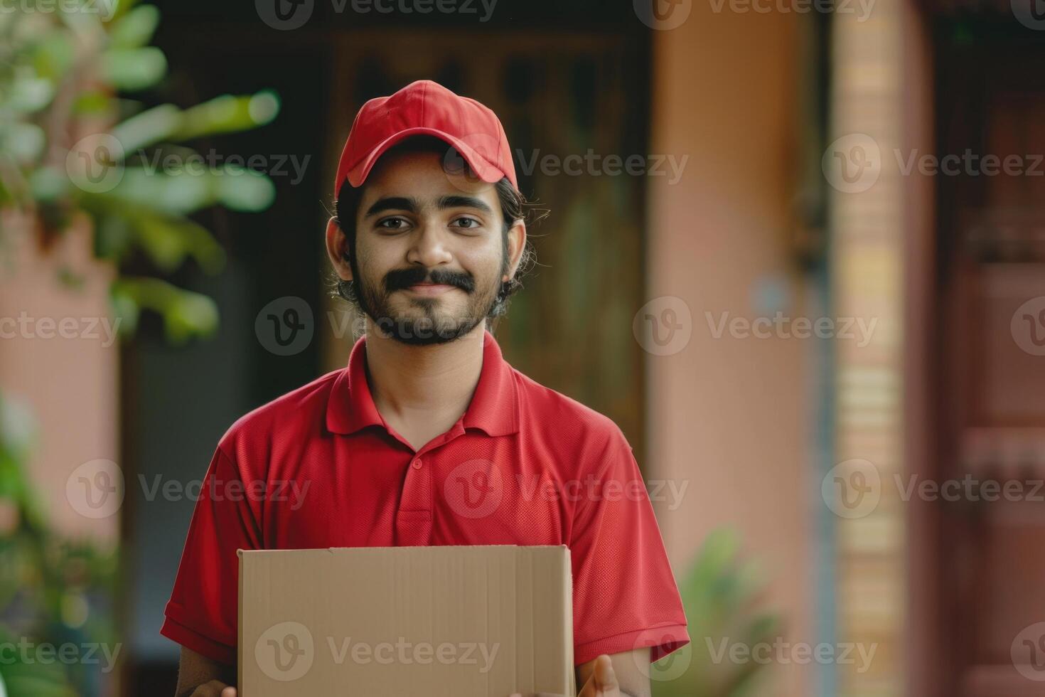 Indian delivery man in red shirt quarantine hero. photo