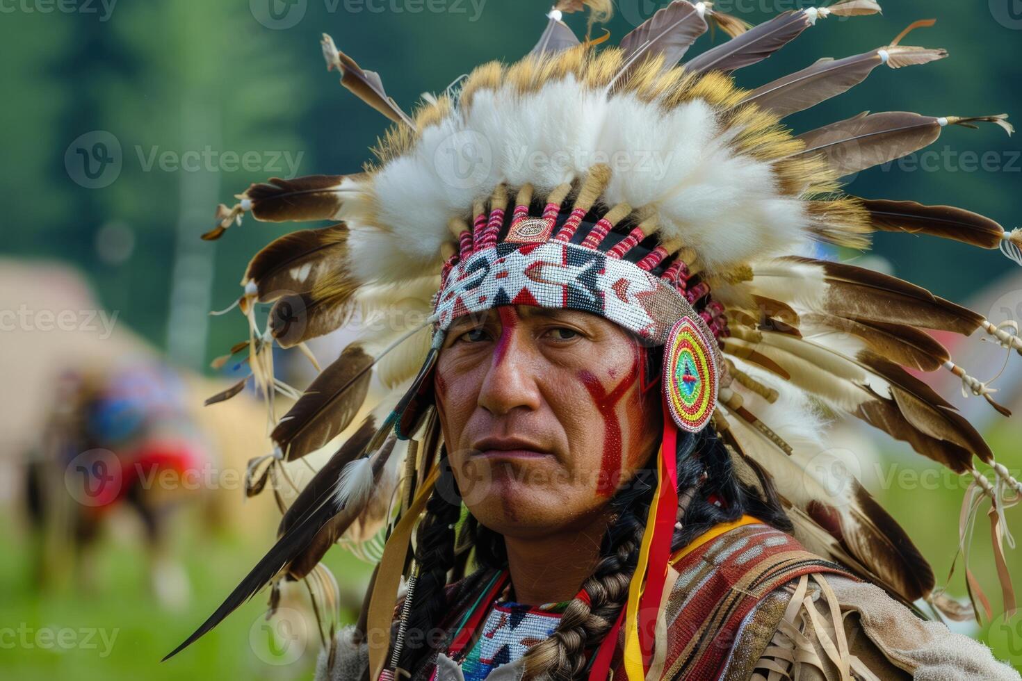 Reconstructed North American Indian in traditional attire. photo