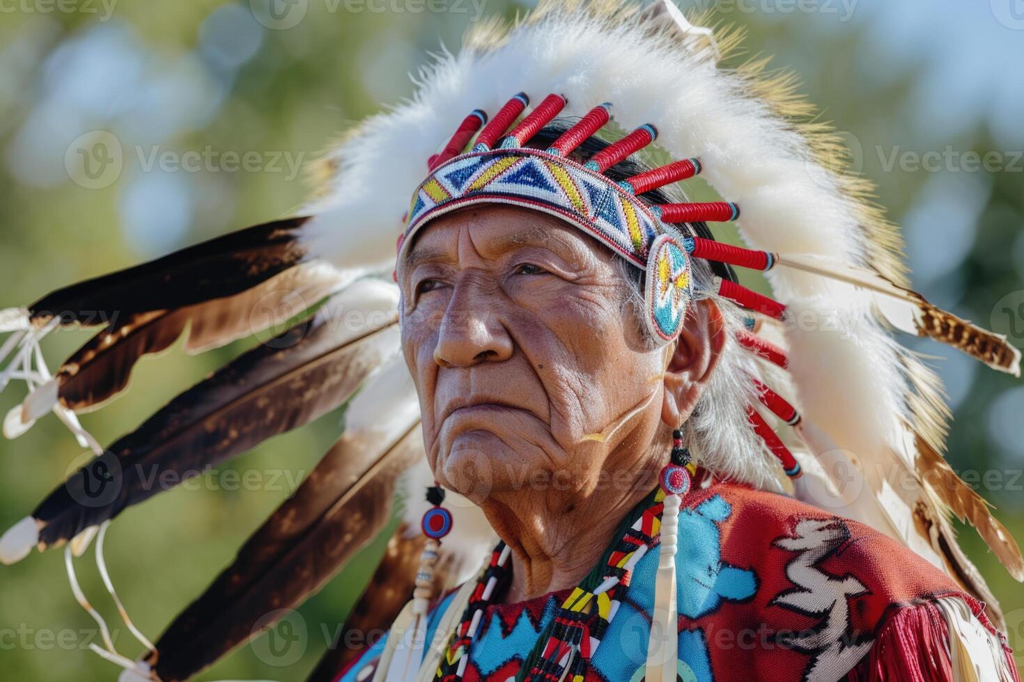 retrato de americano indio jefe en nacional vestir foto