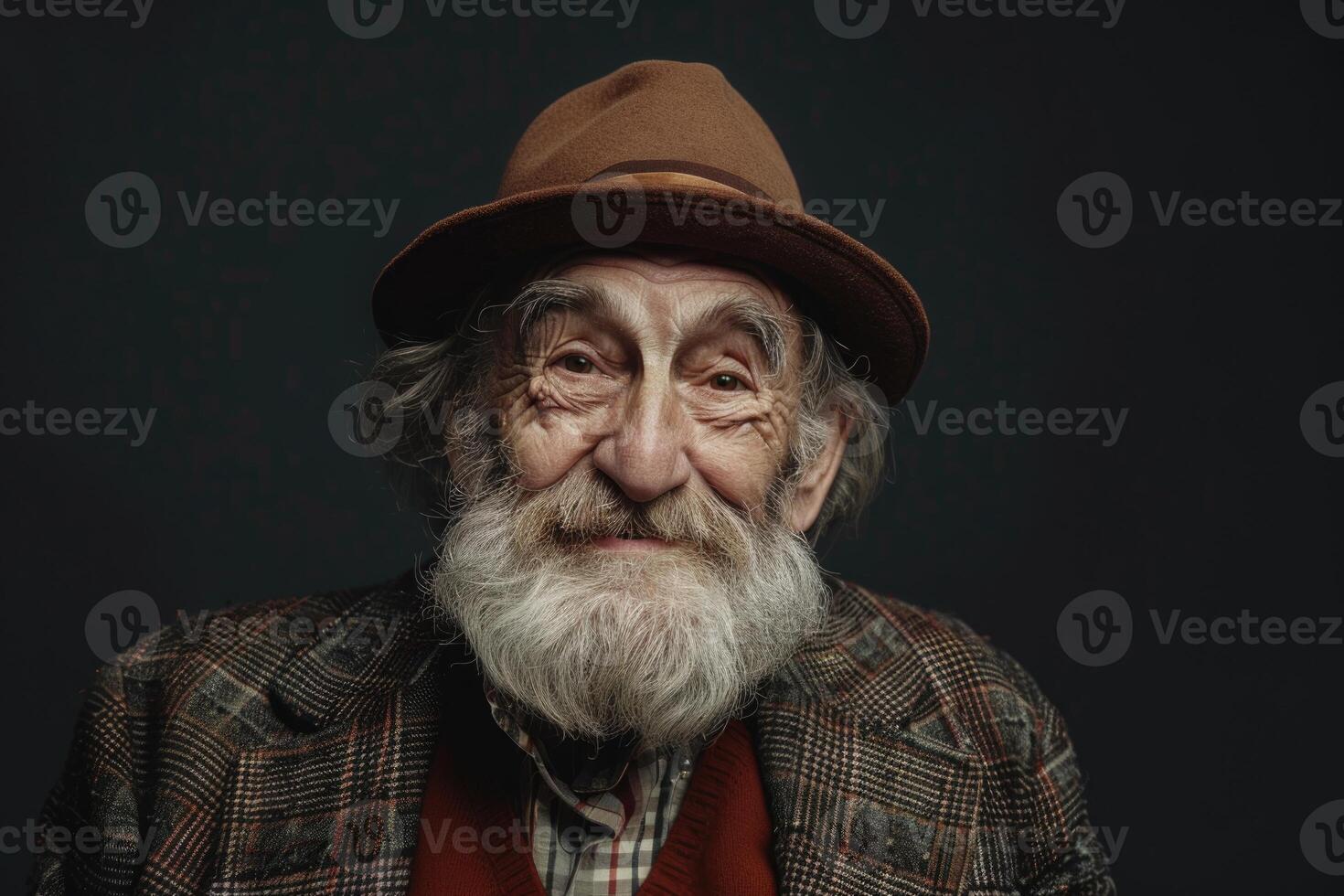 Stylish hipster grandfather smiles for camera in dark setting. photo