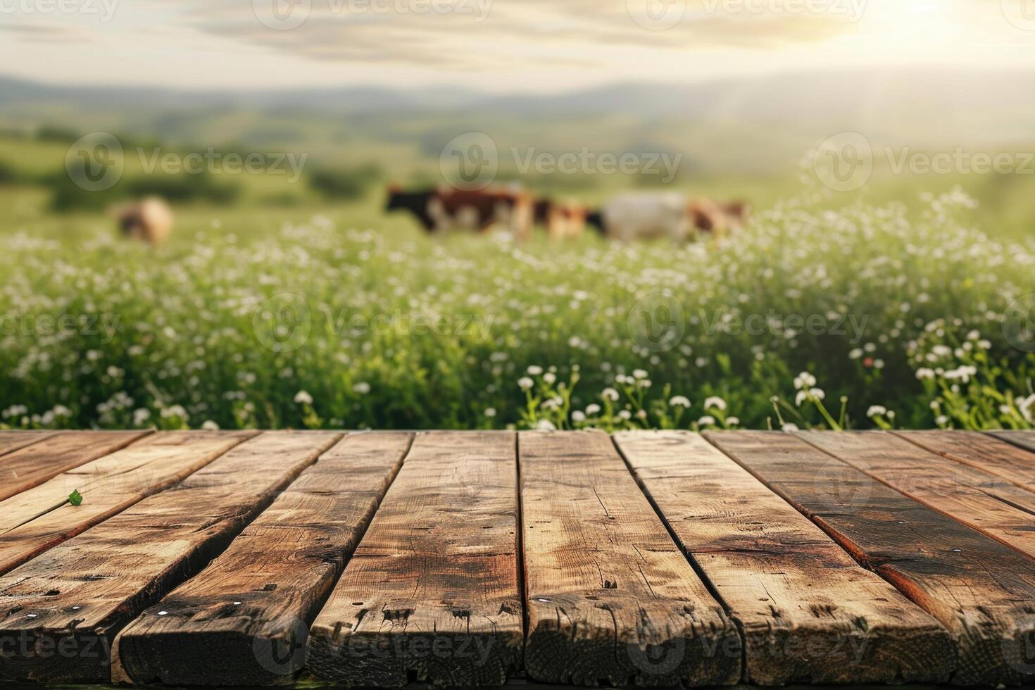 empty wooden table on cow grass land photo