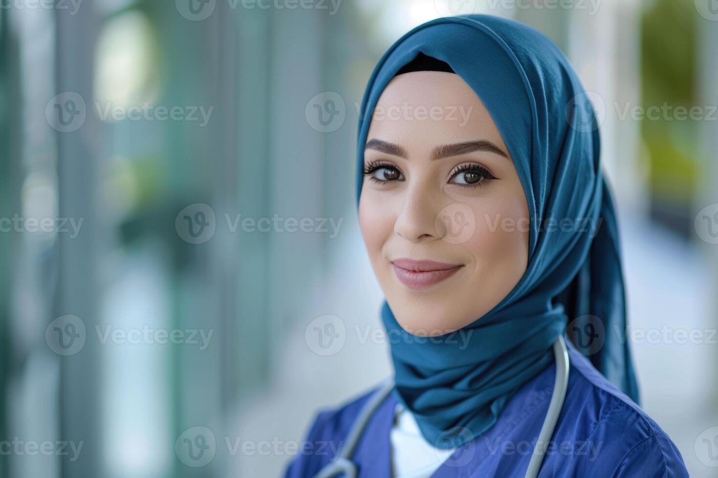 Confident Muslim nurse in hijab on isolated background. photo