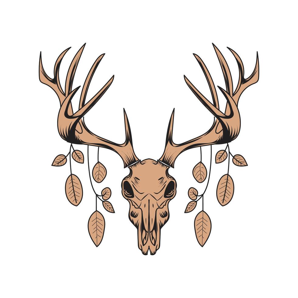 A black and white drawing of a deer skull with antlers Leafs design vector