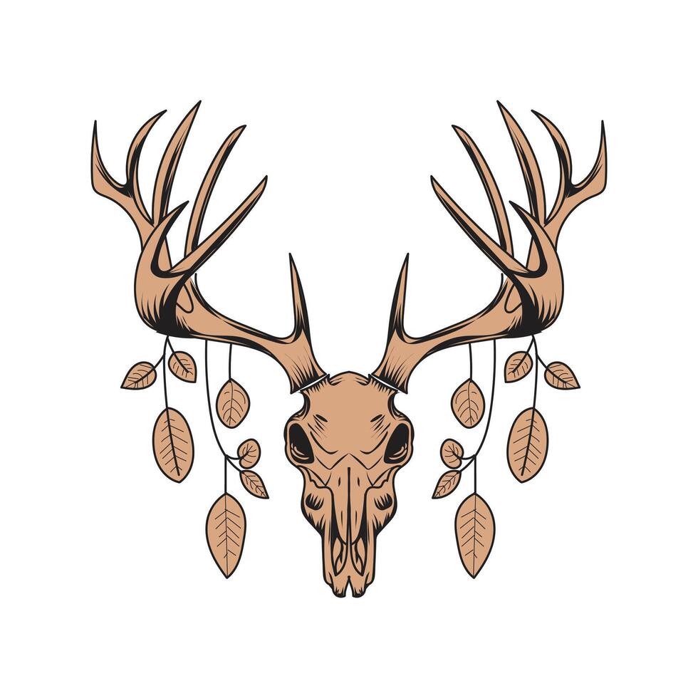 A black and white drawing of a deer skull with antlers Leafs design vector