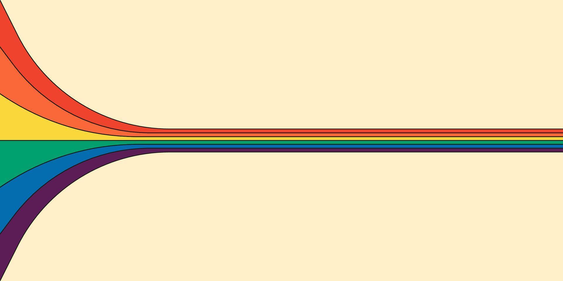 Retro rainbow color striped path horizontal banner. Graphic rainbows perspective flow cover. Vintage hippy abstract spectral iridescent lines. Trendy modern simple disco y2k colorful pop art lines vector