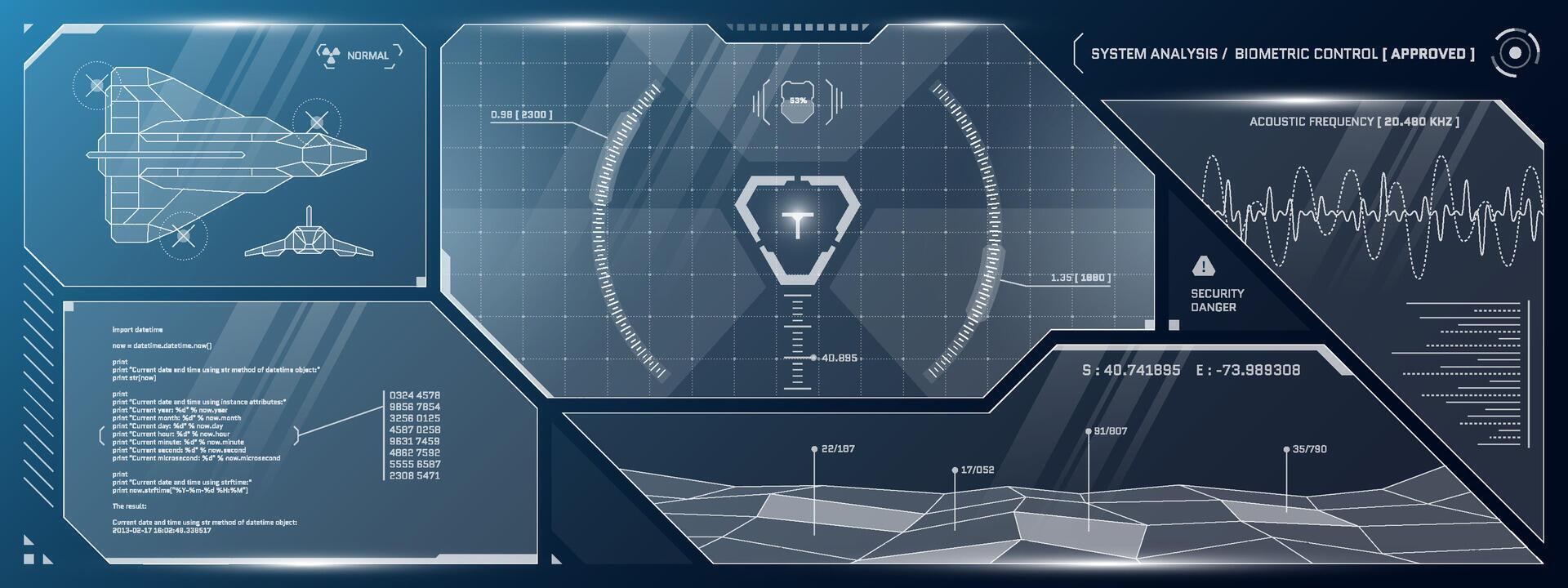 vr hud futurista ciberespacio controlar panel. tecnología cabeza arriba monitor objetivo y mando centrar ui pantalla. gui digital virtual interfaz Hola tecnología visera modelo. fui ciencia fi nave estelar cabina tablero vector