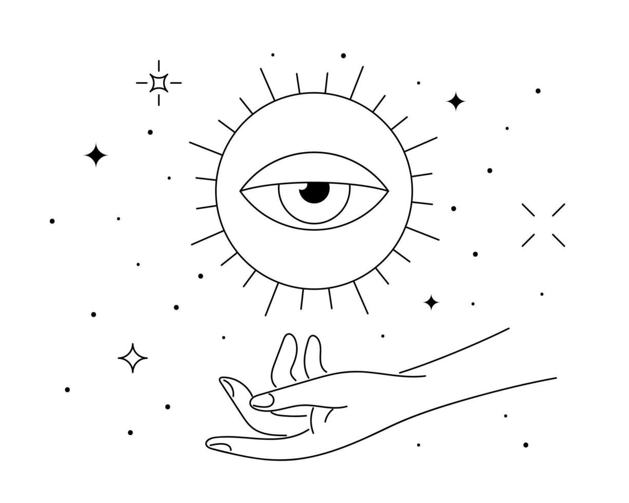 Mystic celestial eye in summer solstice sign levitate over woman hand. Spirituality equinox holiday linear symbol. Esoteric tattoo or logo outline sketch. Boho summertime style eps logotype vector