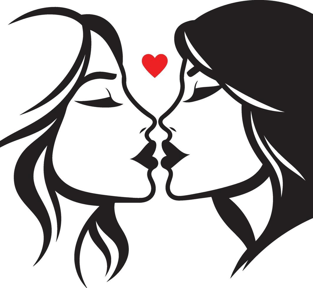 Two girls kissing each other with a heart on their forehead. vector